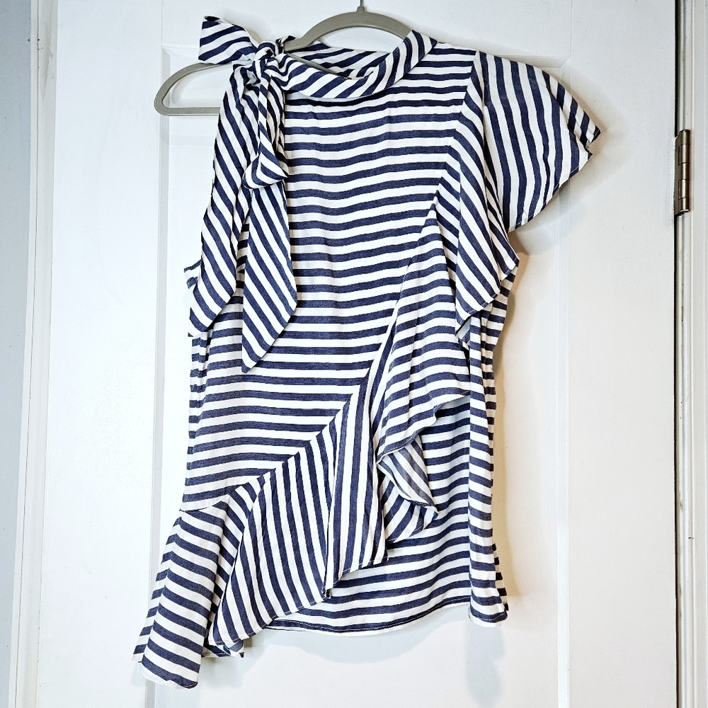 Nicole Miller Atelier Striped Asymmetrical Ruffle Blouse Tie Neck Top S